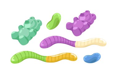 Beyaz arka planda izole edilmiş renkli ayıcıklar, solucanlar ve jelibonlar. Tatlı ikramları ve çocukluk atıştırmalıkları. Vektör illüstrasyonu