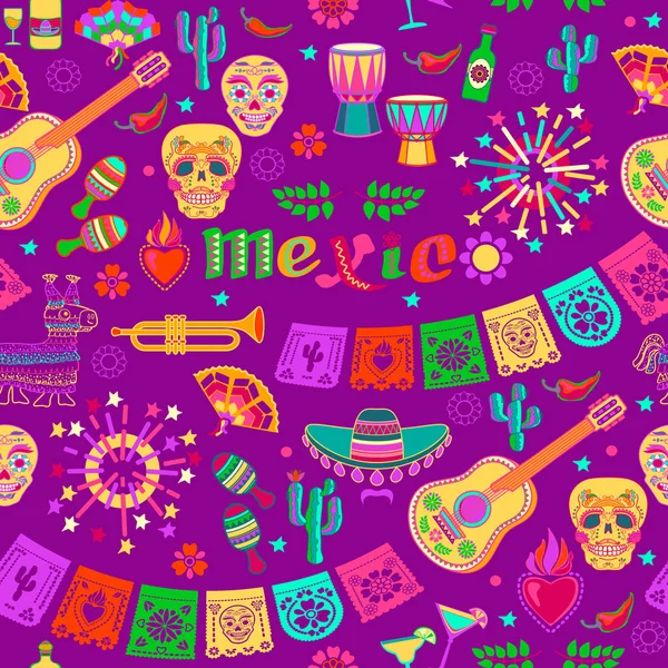 墨西哥假日无缝模式 墨西哥色彩艳丽的扁平符号被隔离在紫色背景上 马那瓜 Sombrero和纸包在瓷砖背景设计中 矢量说明 — 图库矢量图片
