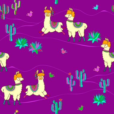 Llama seamless pattern. Animals and cacti on violet background. Bright backdrop with Latin American Mexican symbols. Alpaca, cactus. Cartoon colorful modern hand-drawn bright vector illustration.