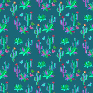 Seamless pattern with cacti and agave. Backdrop with latin american symbols. Pattern with cactus and succulents. Cartoon hand-drawn mexican vector seamless pattern.