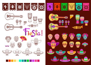 Collection of Mexican holidays symbols set. Outline and flat colorful elements. Decorative sombrero, bunting, skull, guitar, trumpet, drum. Traditional Fiesta party supplies. Vector illustration.