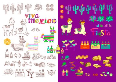 Collection of Mexican holidays symbols set. Outline and flat colorful elements. Decorative agave, cactus, llama, nachos, taco, tequila, Traditional Fiesta party supplies. Vector illustration.