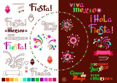Collection of Mexican holidays symbols set. Outline and flat colorful elements. Decorative words Viva Mexico, Hola fiesta, Cinco de Mayo. Isolated star, flare, spark. Vector illustration.
