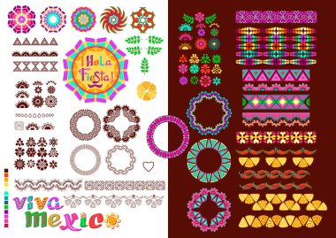 Viva Mexico, Hola fiesta decorative patterns and elements. Collection of Mexican holidays symbols set. Outline and flat colorful elements. Decorative Isolated patterns. Vector illustration.