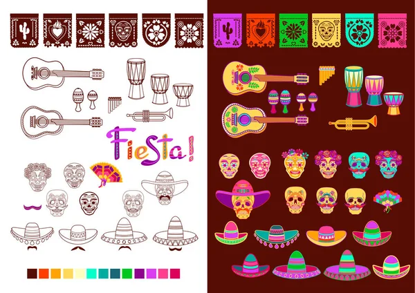 Collection of Mexican holidays symbols set. Outline and flat colorful elements. Decorative sombrero, bunting, skull, guitar, trumpet, drum. Traditional Fiesta party supplies. Vector illustration.