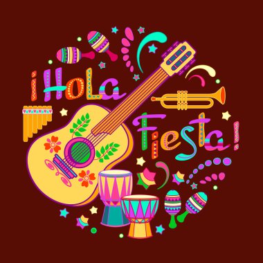 Hola Fiesta, decorated logo, lettering. Mexican cartoon letters and symbols. Banner, card, poster with traditional Mexican phrase, guitar, maracas, trumpet, and drum. Colorful vector illustration.