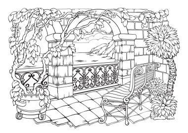 Romantic Secret Garden. Coloring Pages. Coloring Book for adults. Anti-stress colouring page with stone arches, bench, and plant in a pot. Freehand linear style. Vector in black and white.