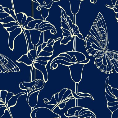 Butterfly and calla. Seamless pattern. Flowers and butterflies. Silhouettes of insects and plants. Floral botanical outline sketch. Light line on a dark blue. Hand-drawn vector illustration.