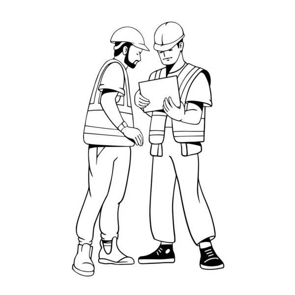 Builders Discussing Construction Plans Young Foreman Construction Workers People Working — Vector de stock