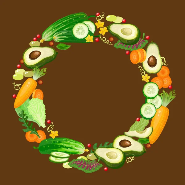 野菜のパターン 円の形で異なる野菜のセット キュウリ アボカド 丸い花輪 茶色のファーム有機健康食品 料理のコンセプト ベクターイラスト — ストックベクタ