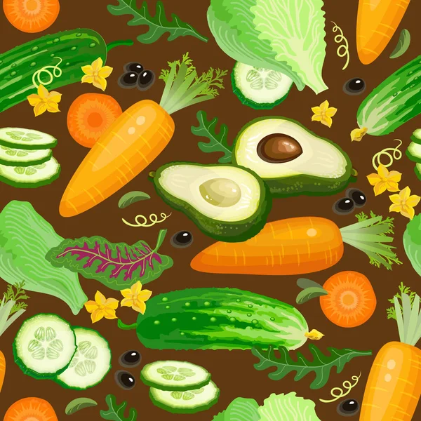 Овочі Безшовний Візерунок Різних Свіжих Огірків Моркви Авокадо Ферма Органічна — стоковий вектор