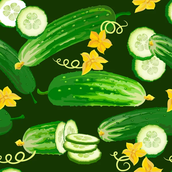 Okurkový Bezešvý Vzor Kousky Květinami Farma Ekologické Zdravé Potraviny Zeleném — Stockový vektor