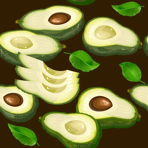 Avocado Naadloos Patroon Met Stukken Bladeren Vers Biologisch Gezond Voedsel — Stockvector