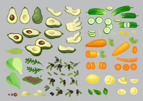 Sebze Meyve Seti Limon Zeytin Havuç Salatalık Avokado Marul Sebze — Stok Vektör