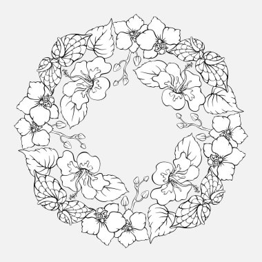 Tropik çiçekli çiçek mandala. Ana hatlarıyla botanik deseni. Dekoratif bitkiler. Hibiscus, orkide. Beyaza elle çizilmiş siyah çizgi. Çocuklar ve yetişkinler için boyama sayfası. Vektör illüstrasyonu.