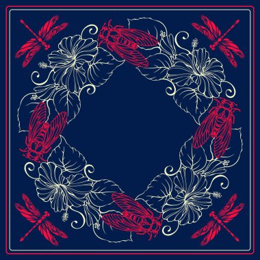 Hibiscus, Ağustos böcekleri ve yusufçuklarla botanik kare desenli. Böcek ve bitkilerin el yapımı siluetleri. Koyu mavi arka planda bir ışık çizgisi. Eşarp desenli tasarım. Bandana. Vektör.