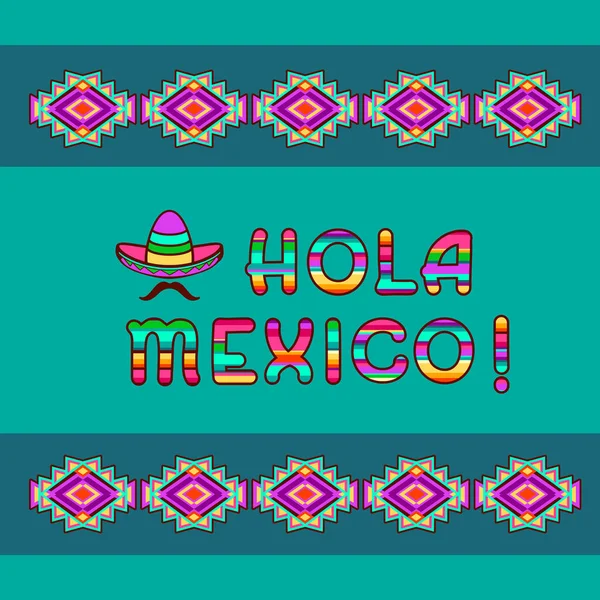 Hola México Letras Cartas Desenhos Animados Brilhantes Sombrero Bigode Ornamento —  Vetores de Stock