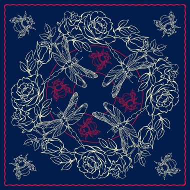 Tropik çiçekli ve kelebekli botanik kare desenli. Taslak bitkiler. Hibiscus, orkide. Koyu mavi üzerine el çizimi ışık çizgisi. Eşarp desenli tasarım. Bandana. Vektör illüstrasyonu.