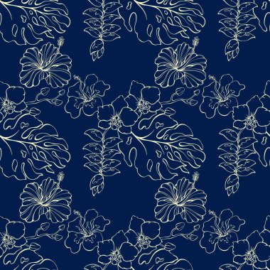 Hibiscus ve orkide. Kusursuz desen. Tropik çiçeklerin siluetleri. Koyu mavi arka plandaki ana hatları. Monokrom güzel desen. El çizimi vektör illüstrasyonu.