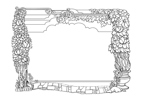 熱帯植物と植物の境界 概要手描きの抽象植物フレーム 黒と白の線形設計 孤立した花の境界 枝とヴィンテージ招待状 ベクターイラスト — ストックベクタ