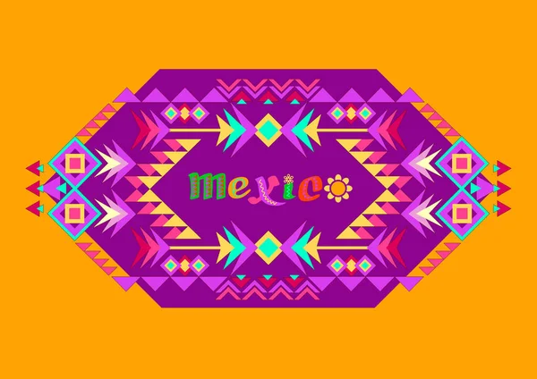 メキシコの部族の民族の装飾品と装飾された単語メキシコはオレンジに隔離された 近代的な民俗Otomiパターン シンコ フラットスタイルベクトル 装飾カバーテンプレート カラフルなアステカ幾何学的なフレーム — ストックベクタ