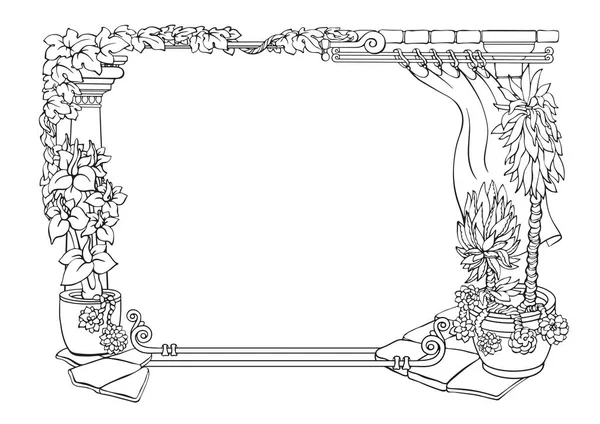 熱帯植物と植物の境界 概要手描きの抽象植物フレーム 黒と白の線形設計 孤立した花の境界 枝とヴィンテージ招待状 ベクターイラスト — ストックベクタ