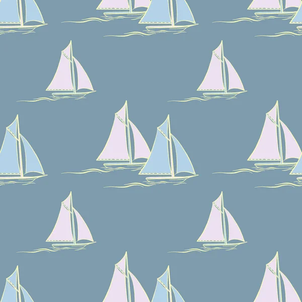 Парусник Волна Бесшовный Рисунок Мультяшными Лодками Ручной Рисунок Яхты Синем — стоковый вектор