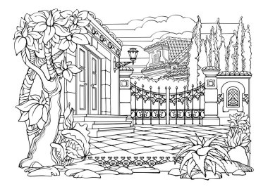 Romantik eski kasaba. Boyama sayfaları. Yetişkinler için boyama kitabı. Fantezi evi ve bitkilerle strese karşı boyama resimleri, serbest ve doğrusal çizilmiş. Siyah beyaz vektör illüstrasyonu.