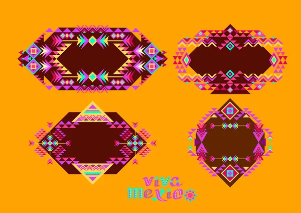 メキシコのパターンのセット 民族的要素 カラフルな部族の幾何学的な装飾 Aztecスタイルの明るいパターン オレンジ色の背景に現代の民俗Otomi民族パターン シンコ ベクトルセット — ストックベクタ