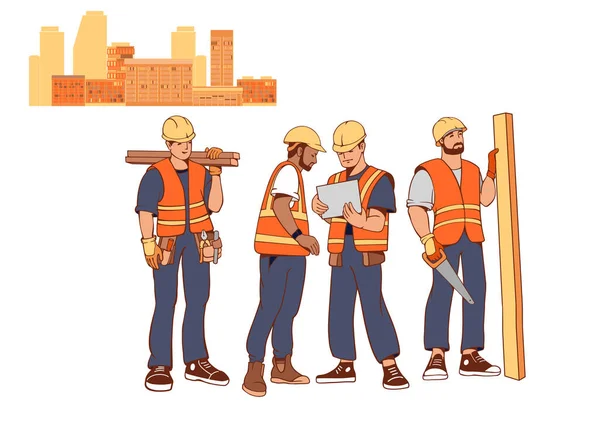 建筑工人集合起来 城市建筑 木匠修理工 建筑工程服务 穿着制服的建筑工人或体力劳动者 从事工业工作的人 平面矢量图解 — 图库矢量图片
