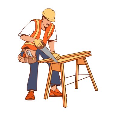 Builder or carpenter repairman sawing planks. Building, construction, and repair work services. Business concept. Hand-drawn man isolated on white. Flat graphic design. Vector illustration. clipart