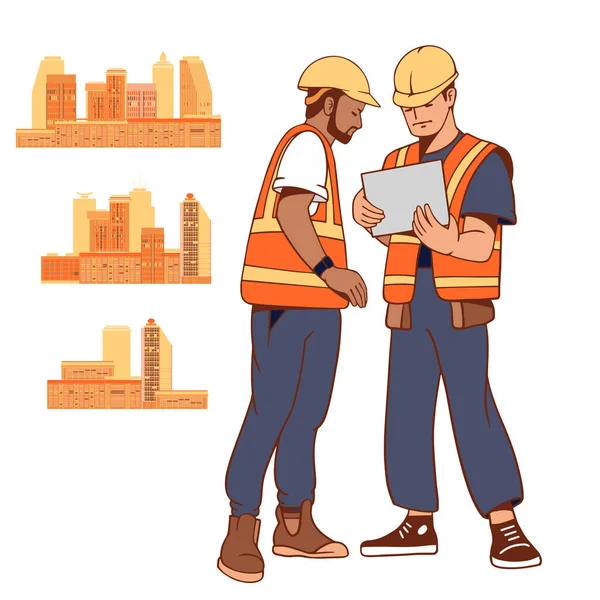 建筑商讨论施工计划 穿着制服和城市建筑的年轻工头建筑工人 从事工业工作的人 商业概念 手绘矢量平面插图 — 图库矢量图片