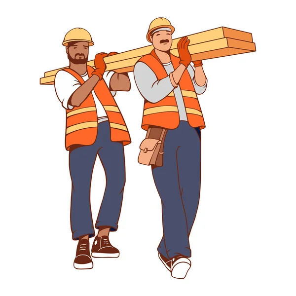 Dos Constructores Llevan Tablones Reparador Carpinteros Servicios Construcción Reparación Construcción — Vector de stock