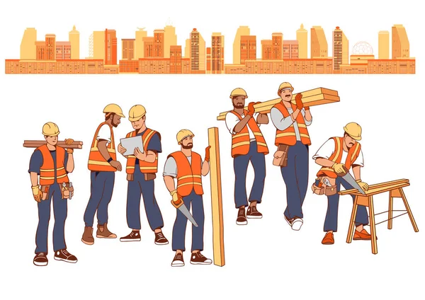 Trabajadores Construcción Edificios Ciudad Reparador Carpinteros Servicios Construcción Trabajo Constructor — Vector de stock