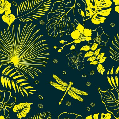 Yusufçuk, avuç içi ve orkide. Tropik yaprakları ve çiçekleri olan kusursuz bir desen. Orman böcekleri ve bitkilerin siluetleri. Çiçeksel botanik taslak çizimi. Koyu mavi üzerinde sarı çizgi. Vektör.