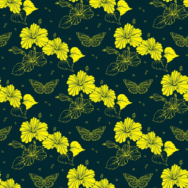 Бабочка Гибискус Бесшовный Узор Тропическими Листьями Цветами Джунгли Насекомые Растения — стоковый вектор