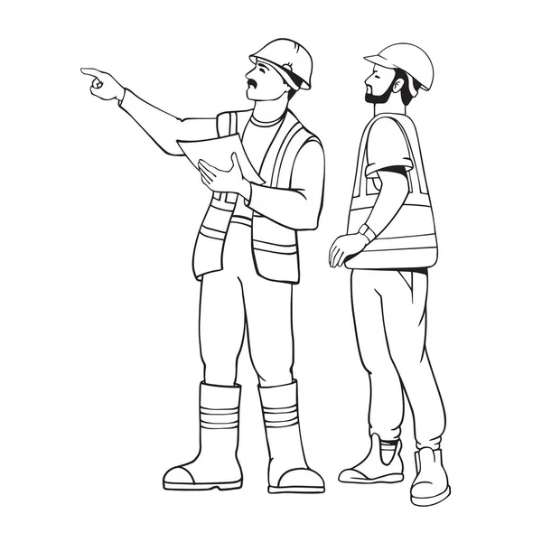 Builders Discussing Construction Plans Young Foreman Construction Workers People Working — Vector de stock