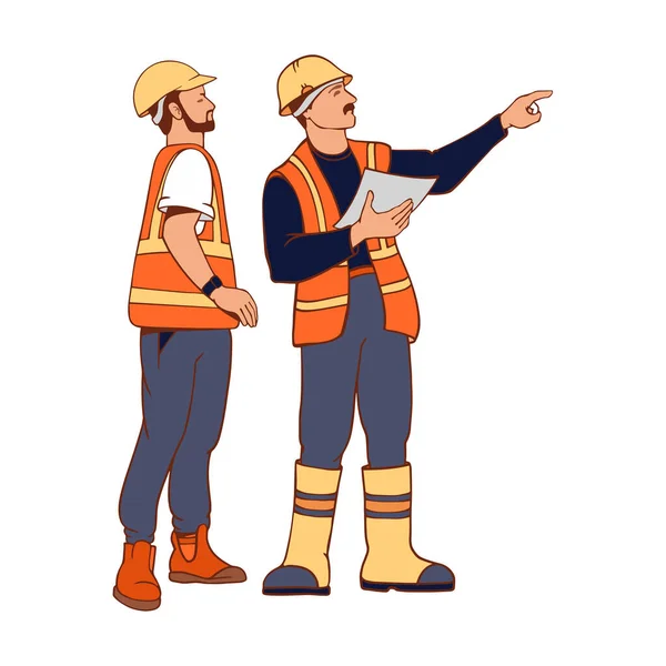 Constructores Discutiendo Planes Construcción Foreman Trabajadores Construcción Reparador Uniforme Personas — Vector de stock