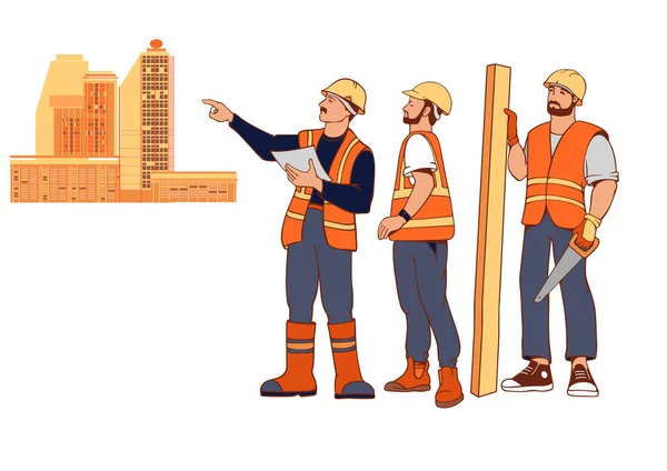 Constructores Discutiendo Planes Construcción Capataz Jóvenes Trabajadores Construcción Uniformes Edificios — Vector de stock