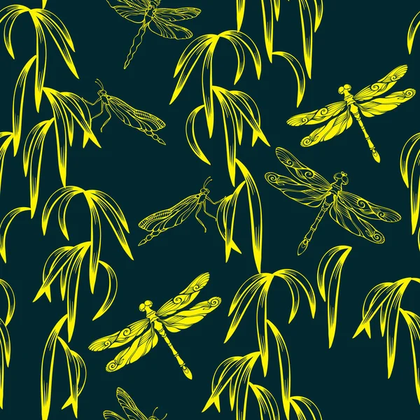 Libelle Und Blatt Nahtloses Muster Mit Tropischen Blättern Libellen Silhouetten — Stockvektor