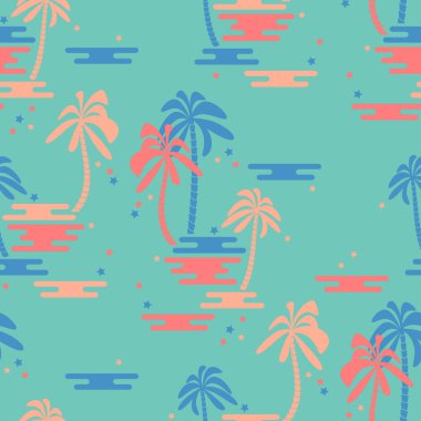 Dikensiz palmiye ağacı deseni. Psikedelik cennet arkaplanı düz tasarım. Retro yaz arkaplanı. Kumaş, tekstil baskısı, ambalaj kağıdı, moda, iç mekan, kapak tasarımı. Vektör illüstrasyonu.
