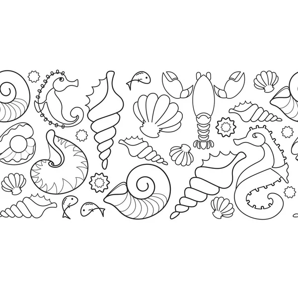 Θαλάσσιοι Ίπποι Βλήματα Τροπική Παραλία Χωρίς Ραφή Μοτίβο Περίγραμμα Ζωγραφισμένα — Διανυσματικό Αρχείο