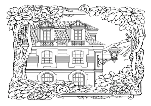 Romantic Old Town Coloring Pages Coloring Book Adults Stress Colouring — Stock Vector