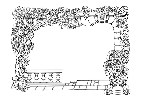 与热带植物接壤的植物界 轮廓手绘框架 古色古香的图案 有石门 栏杆和盆栽 黑白线性矢量图解 — 图库矢量图片