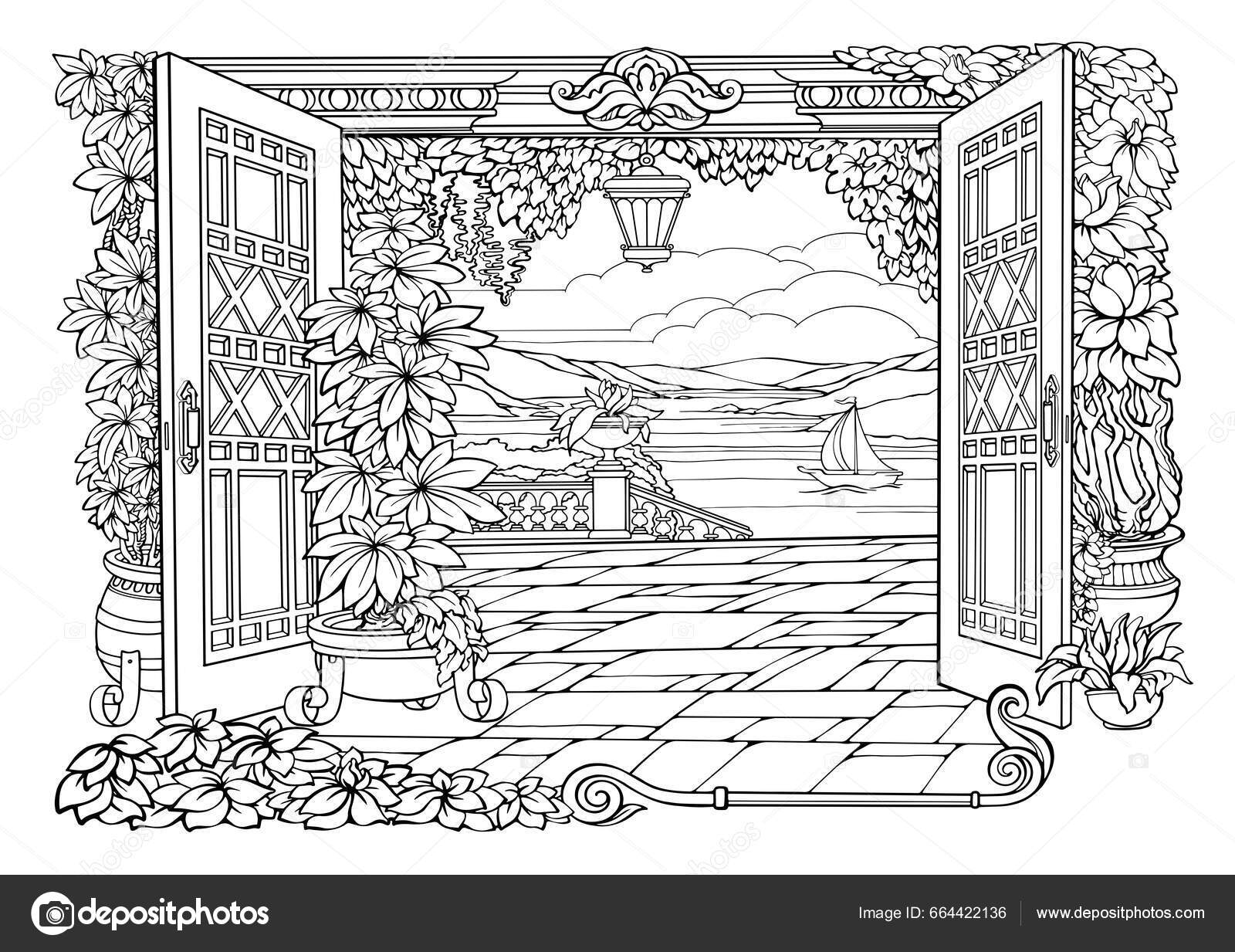Jardim Secreto Romântico Desenho Para Colorir Com Portas Abertas Flores  Vetor de ©VeYe 664422136, image size:1600x1233