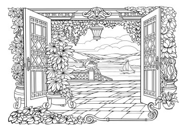 Romantik Gizli Bahçe. Kapıları, çiçekleri ve büyük vazolarda bitkileri olan boyama sayfası. Tropikal desen. Boyama Kitabı. Stres önleyici boyama sayfaları. Serbest doğrusal stil. Siyah beyaz vektör