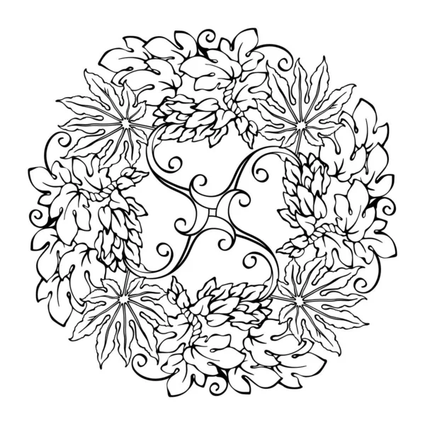 Botanisk Mandala Med Tropiska Växter Och Dekorativa Inslag Mönster Med — Stock vektor