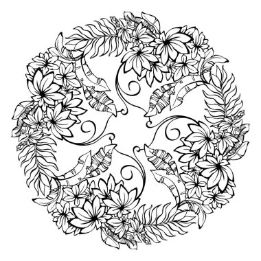 Tropikal bitkilerle botanik mandala. Ana hatlarıyla botanik deseni. Dekoratif yapraklar. Beyaza elle çizilmiş siyah çizgi. Çocuklar ve yetişkinler için boyama sayfası. Egzotik Yaz Vektörü illüstrasyonu.