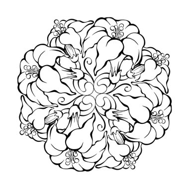 Tropik soyut dekoratif bitkilerle süslü çiçek mandala. - Lily. Işık arkaplanındaki el çizimi siyah çizgi. Çocuklar ve yetişkinler için boyama sayfası. Çiçek zambaklı botanik deseni. Vektör.