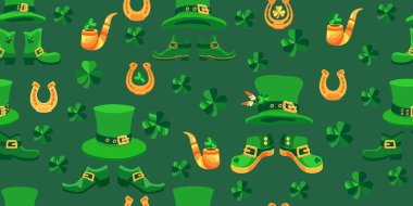 Aziz Patrick Günü kusursuz bir düzen. Şirin bir cüce şapka, ayakkabılar, yonca yonca yoncası, pipo, at nalı. Bahar tatili, 17 Mart St. Patrick. Kumaş, tekstil ve ambalaj kağıdı için yeşil vektör arkaplanı